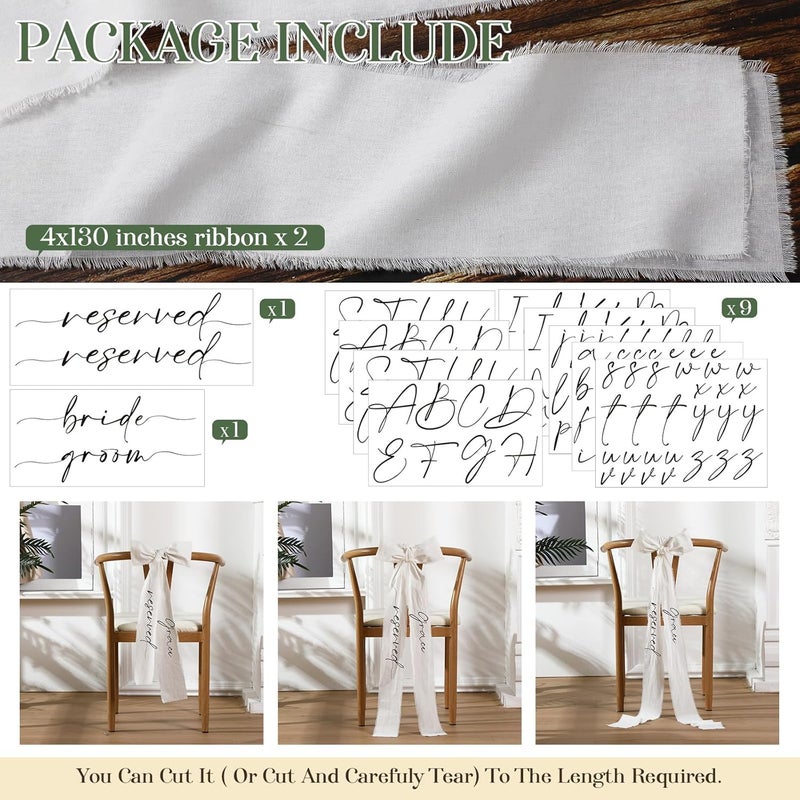 Luinabio 2 مجموعات من شرائط الزفاف المحجوزة لعلامات كراسي العروس والعريس مع ملصقات نقل حرارية DIY أسماء شرائط محجوزة من الكتان لزينة حفلات الذكرى - Image 2