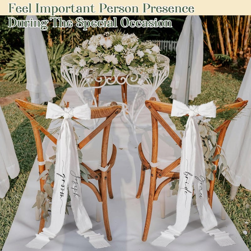 Luinabio 2 مجموعات من شرائط الزفاف المحجوزة لعلامات كراسي العروس والعريس مع ملصقات نقل حرارية DIY أسماء شرائط محجوزة من الكتان لزينة حفلات الذكرى - Image 4