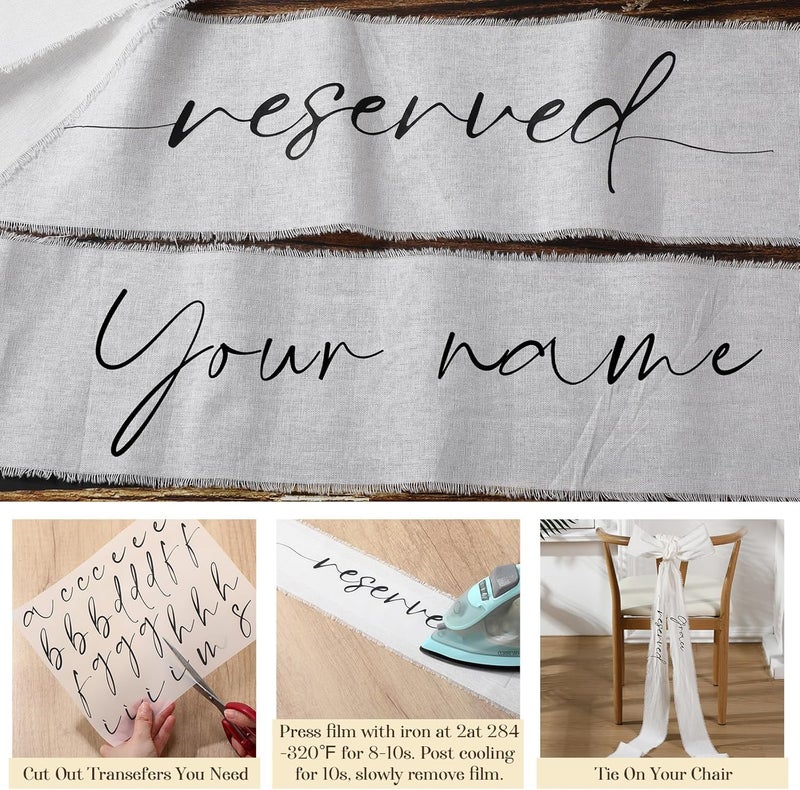 Luinabio 2 مجموعات من شرائط الزفاف المحجوزة لعلامات كراسي العروس والعريس مع ملصقات نقل حرارية DIY أسماء شرائط محجوزة من الكتان لزينة حفلات الذكرى - Image 3