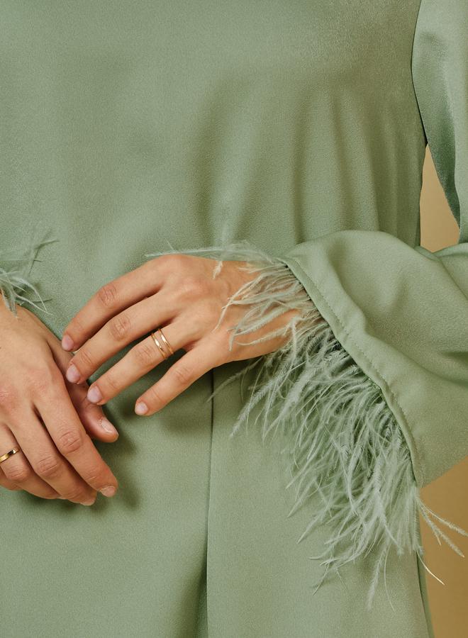 ستايلي جلابية بياقة دائرية وأكمام طويلة مزينة بريش - Image 3