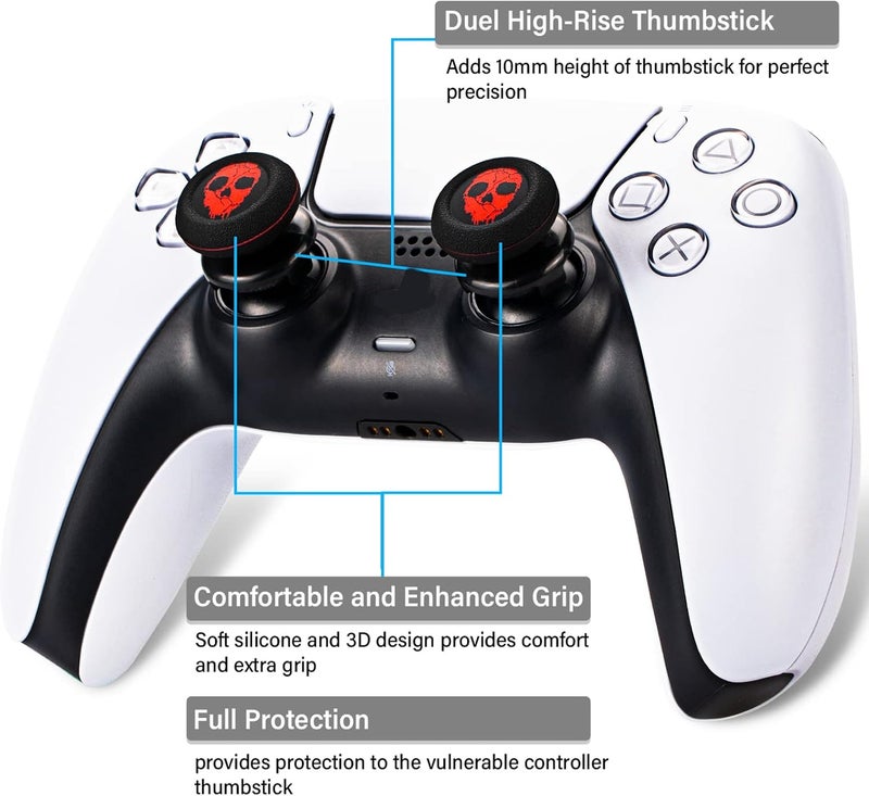 PlayRealm FPS Thumbstick Extender & Printing Rubber Silicone Grip Cover 2 Sets for PS5 Dualsenese & PS4 Controller (Ghost Red) - Image 2