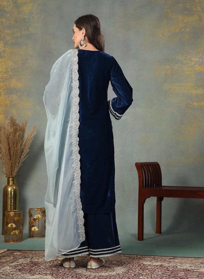 Stylum Women's Solid & Embroidered Velvet Straight Kurta Pant Dupatta Set - Image 2