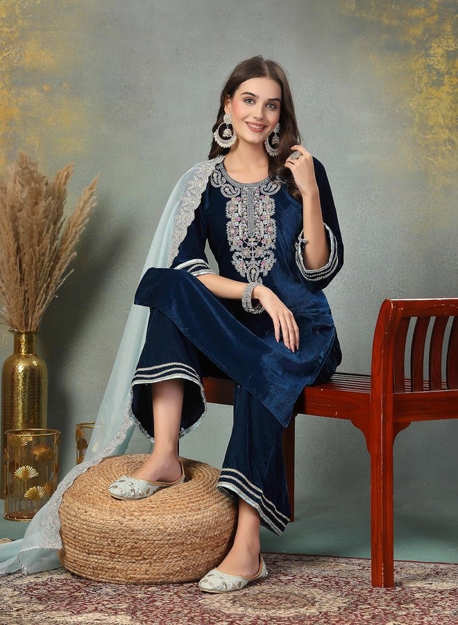 Stylum Women's Solid & Embroidered Velvet Straight Kurta Pant Dupatta Set - Image 5