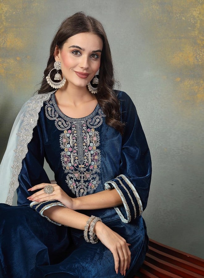 Stylum Women's Solid & Embroidered Velvet Straight Kurta Pant Dupatta Set - Image 4