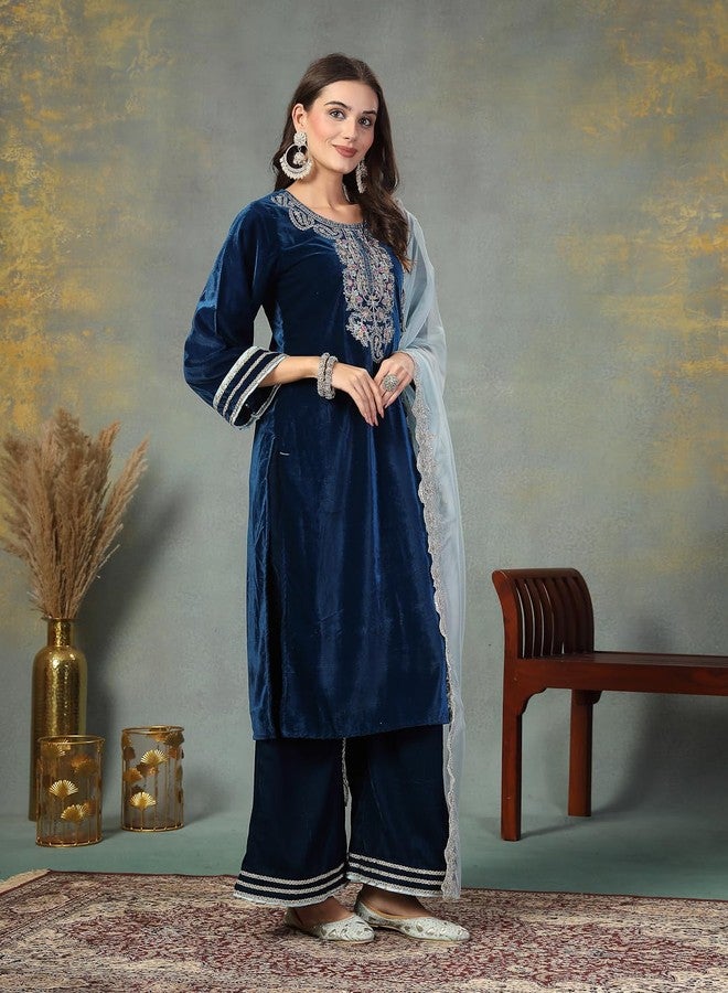 Stylum Women's Solid & Embroidered Velvet Straight Kurta Pant Dupatta Set - Image 3
