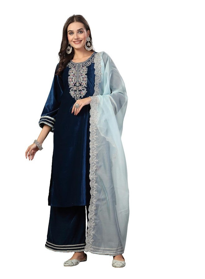 Stylum Women's Solid & Embroidered Velvet Straight Kurta Pant Dupatta Set - Image 1