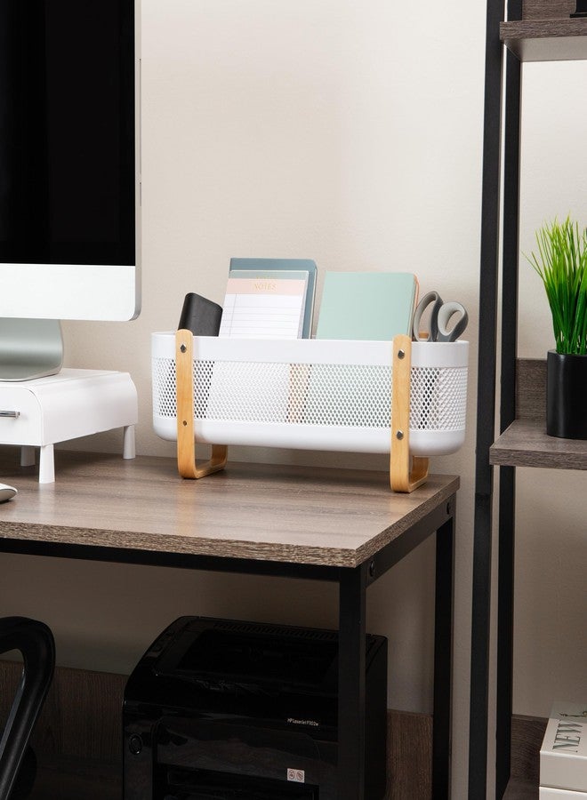 Mind Reader Divided Storage Basket with Legs, Accessory Holder, Desktop Organization, Office, Plastic, 19.25"L x 5.25"W x 6.5"H, White and Brown - Image 2