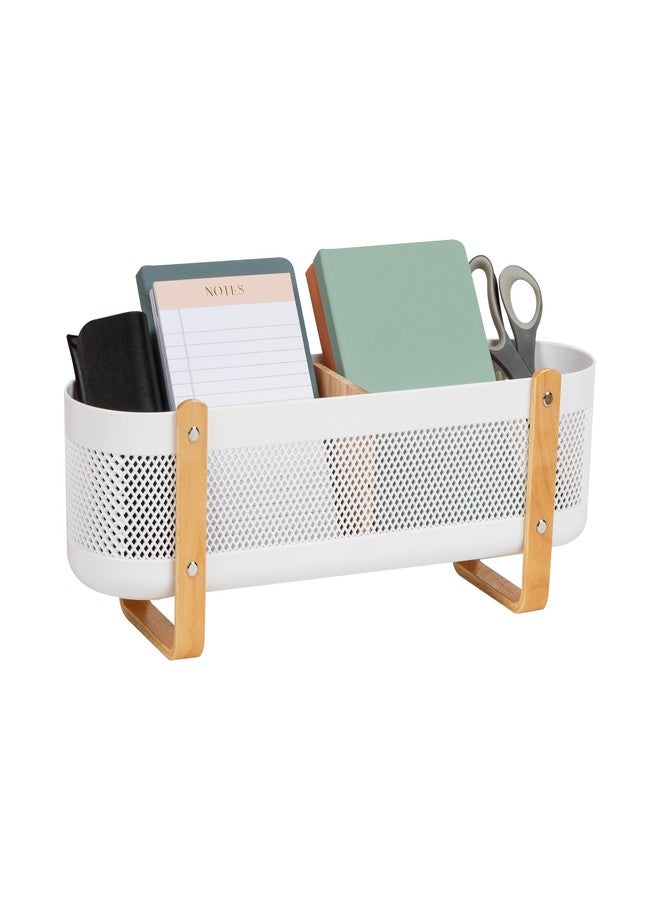 Mind Reader Divided Storage Basket with Legs, Accessory Holder, Desktop Organization, Office, Plastic, 19.25"L x 5.25"W x 6.5"H, White and Brown - Image 1