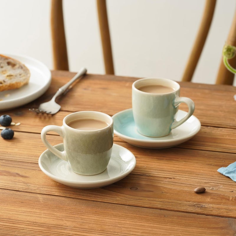 Famiware 3oz Espresso Cups and Saucers Set of 4 - Multi-color Ceramic Small Coffee Mugs with Handles - Image 5