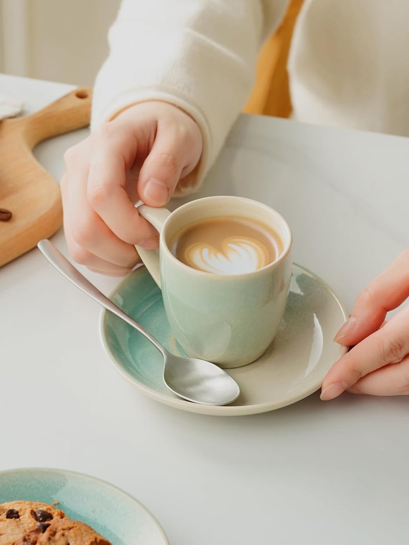 Famiware 3oz Espresso Cups and Saucers Set of 4 - Multi-color Ceramic Small Coffee Mugs with Handles - Image 4