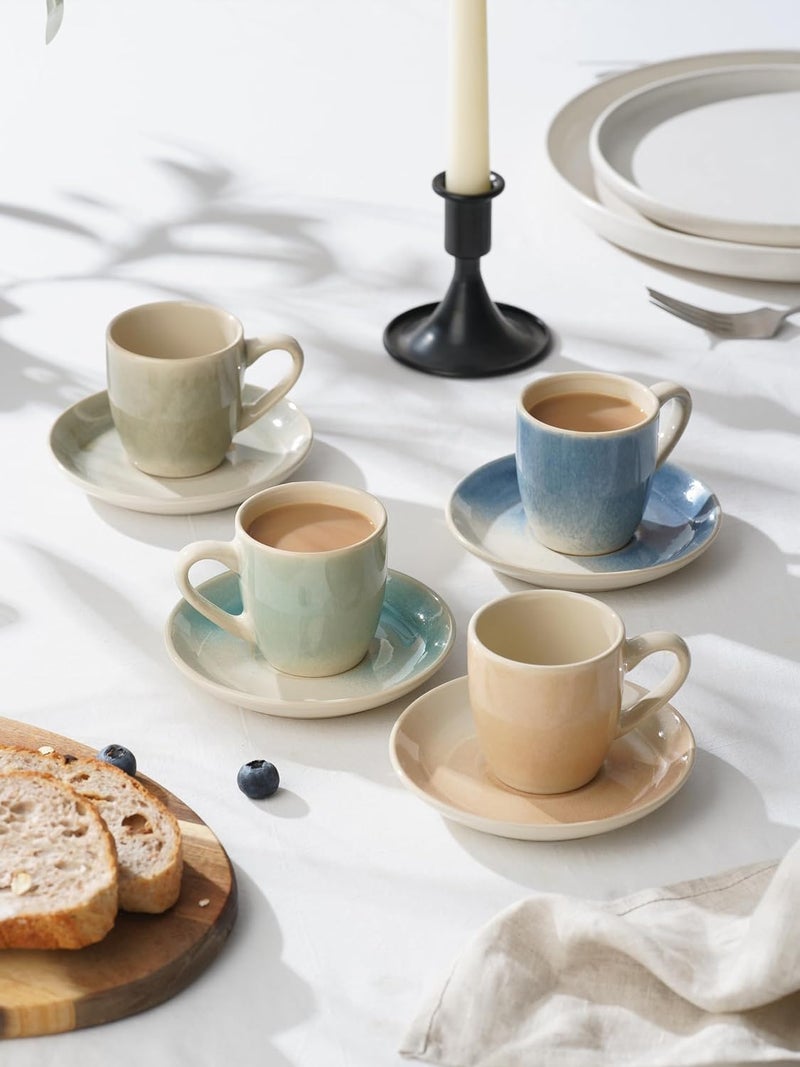 Famiware 3oz Espresso Cups and Saucers Set of 4 - Multi-color Ceramic Small Coffee Mugs with Handles - Image 2
