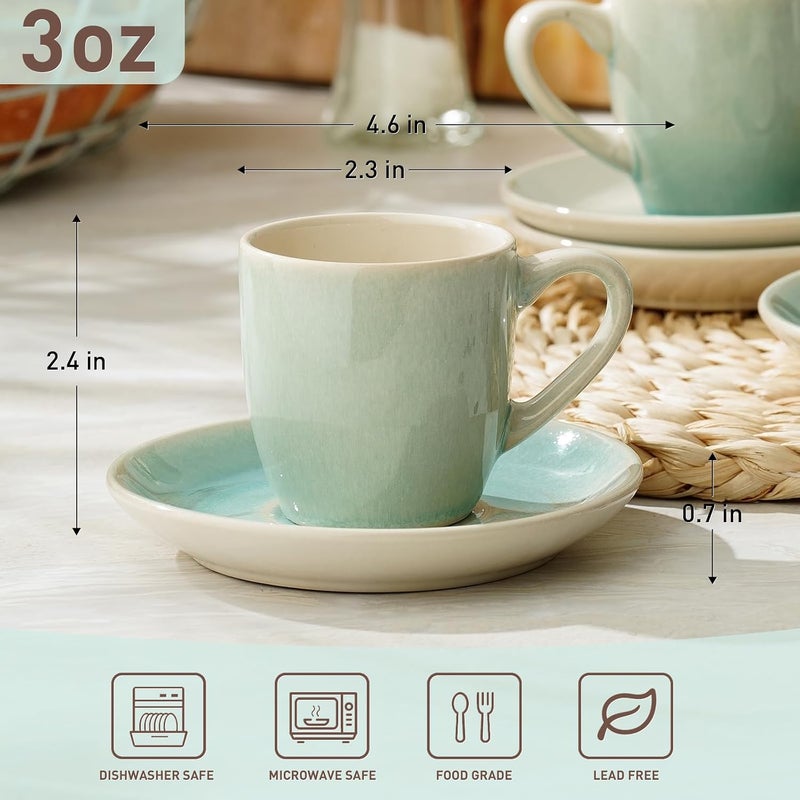 Famiware 3oz Espresso Cups and Saucers Set of 4 - Multi-color Ceramic Small Coffee Mugs with Handles - Image 3