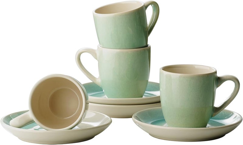 famiware Jupiter Espresso Cups and Saucers Set of 4 - 3 oz Ceramic Small Coffee Mugs with Handles, Light Blue - Image 1