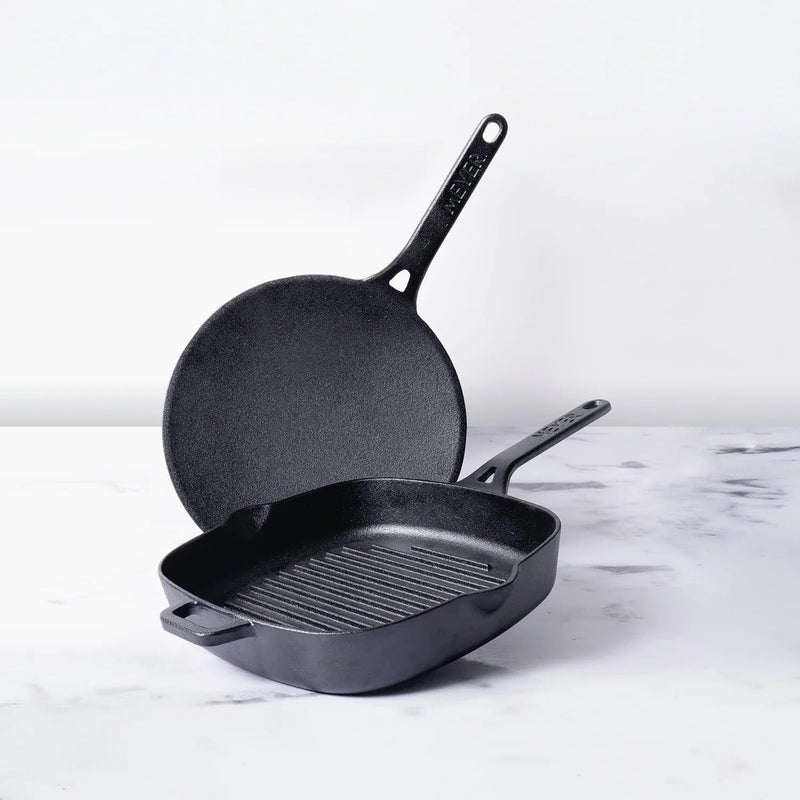 MEYER Meyer Pre-Seasoned Cast Iron 2 Piece Cookware Set - 26cm Cast Iron Roti Tawa + 25cm Cast Iron Grill pan | Iron Utensils for Cooking | Cast Iron Cookware Combo Offer, Black  - Image 2