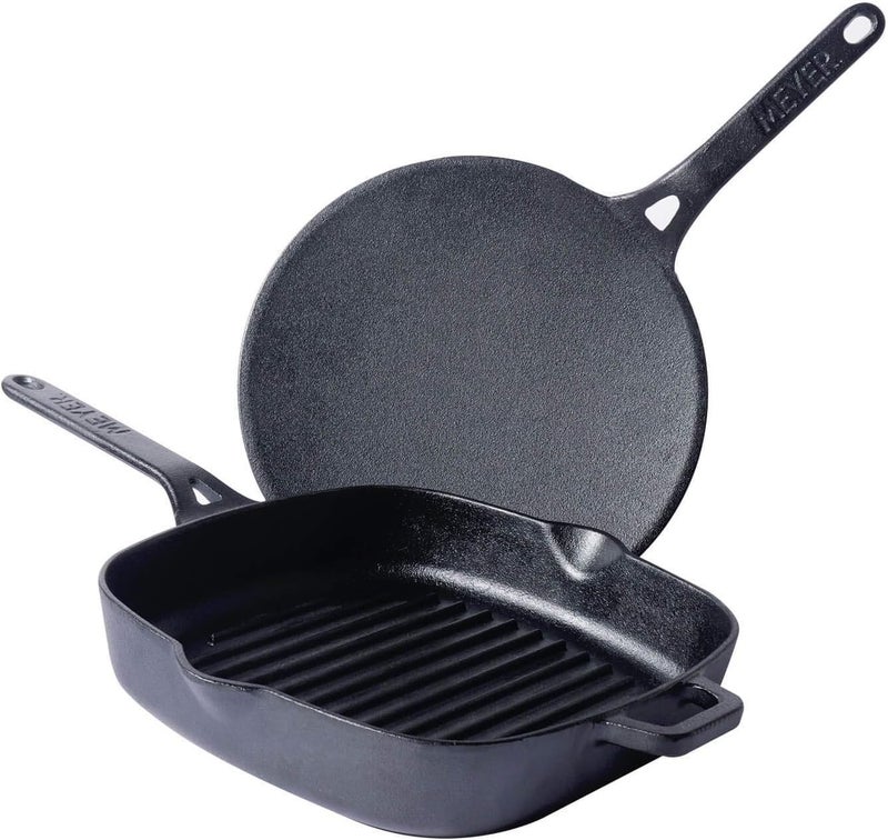 MEYER Meyer Pre-Seasoned Cast Iron 2 Piece Cookware Set - 26cm Cast Iron Roti Tawa + 25cm Cast Iron Grill pan | Iron Utensils for Cooking | Cast Iron Cookware Combo Offer, Black  - Image 1