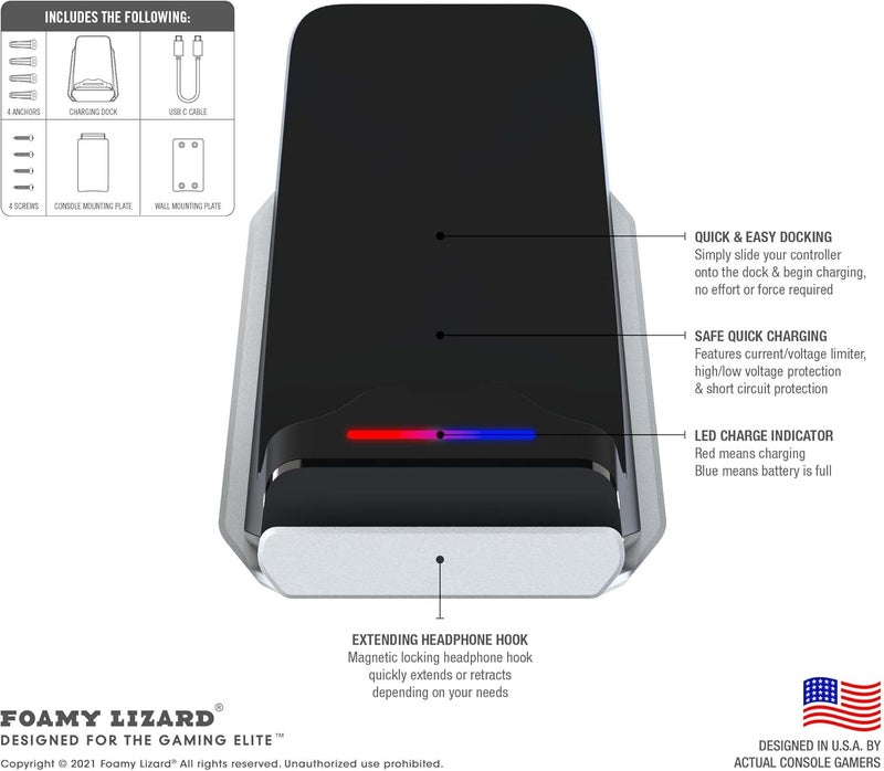 Foamy Lizard PS5 Controller Charger Console and Wall Mount | Hanging Playstation 5 DualSense Fast Charging Station Dock, Retractable Headphone Hook, LED Indicator, Overcharge Protection, USB C Cable - Image 3