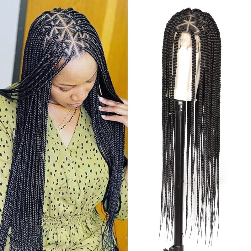 Lexqui 36 Knotless Box Braided Wigs for Women Braided Lace Wigs Triangle Lace Front Braided Wig Human Hair Blended Full Double Lace Braided wig with Baby Hair Braid Lace Front Wig