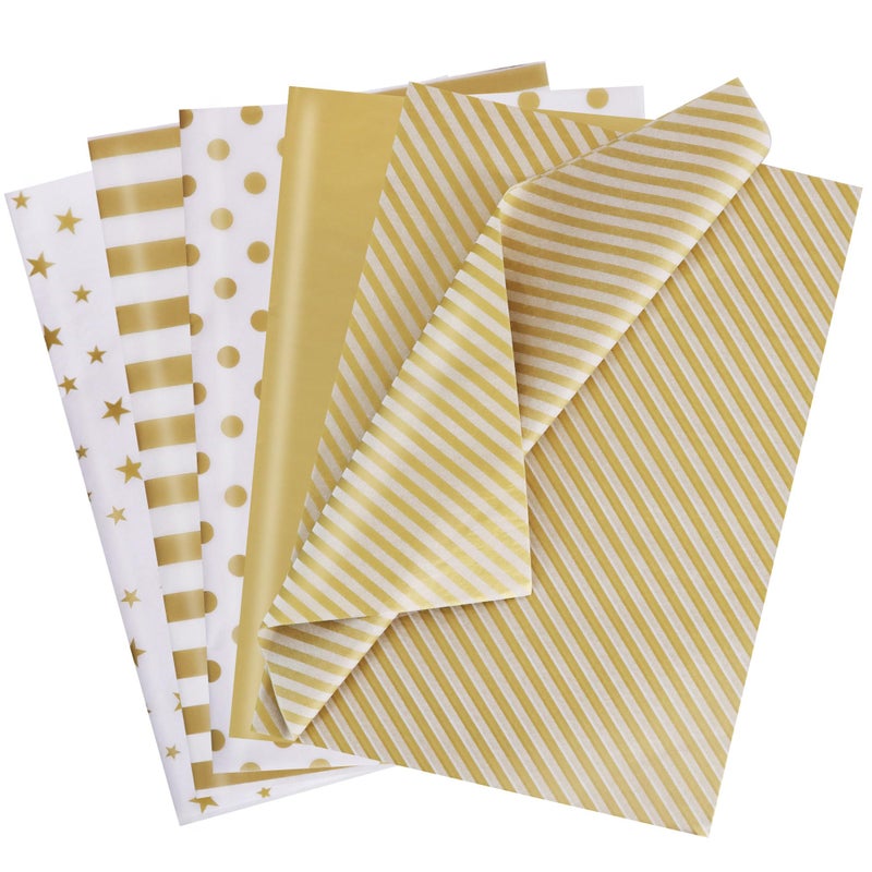 BEISHIDA 100 Sheets Gold and White Tissue Paper Bulk, Gold Dots Star Twill Stripes Print Wrapping Tissue Paper for Gift Bags, 14 x 20 Inch Gift Wrap for Birthday Wedding Christmas DIY Crafts - Image 1