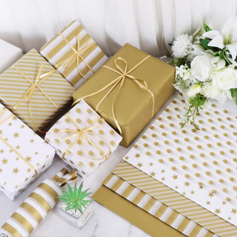 BEISHIDA 100 Sheets Gold and White Tissue Paper Bulk, Gold Dots Star Twill Stripes Print Wrapping Tissue Paper for Gift Bags, 14 x 20 Inch Gift Wrap for Birthday Wedding Christmas DIY Crafts - Image 2