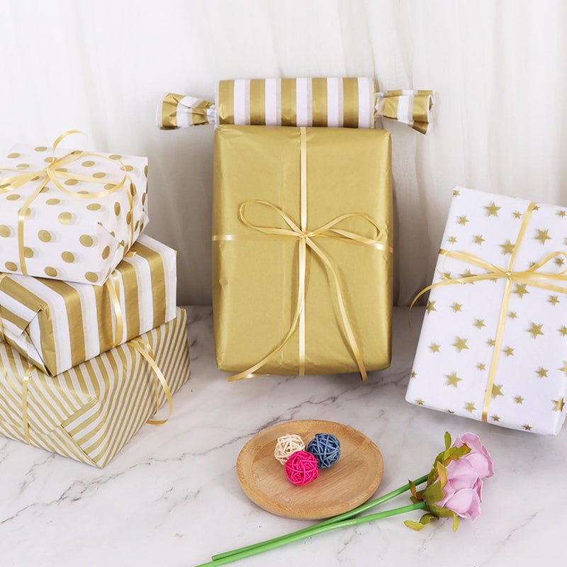 BEISHIDA 100 Sheets Gold and White Tissue Paper Bulk, Gold Dots Star Twill Stripes Print Wrapping Tissue Paper for Gift Bags, 14 x 20 Inch Gift Wrap for Birthday Wedding Christmas DIY Crafts - Image 3