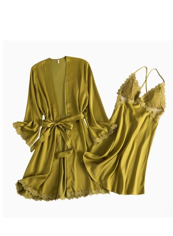 Lce Silk Sleepwear Three Piece Set With Lace Edge Suspender, Sleepwear For Home Use - Image 1