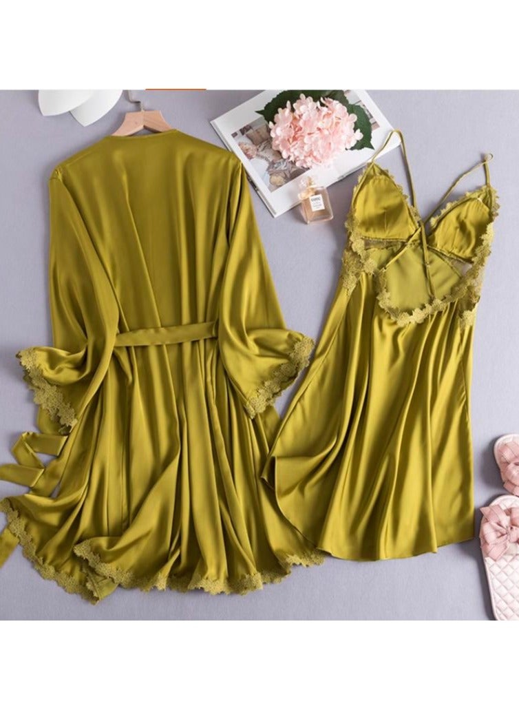 Lce Silk Sleepwear Three Piece Set With Lace Edge Suspender, Sleepwear For Home Use - Image 3