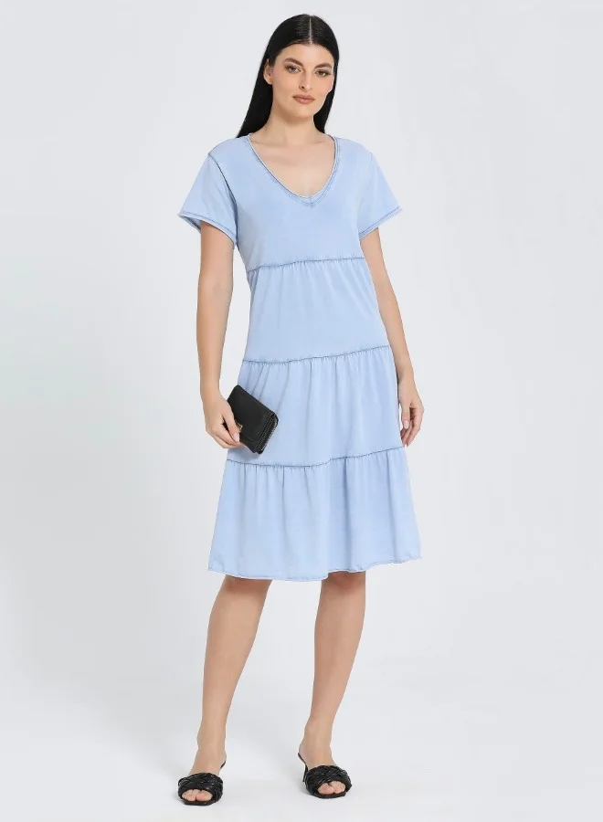 ZABAIONE Light Blue Tiered Casual Dress - Perfect Blend of Comfort and Elegance