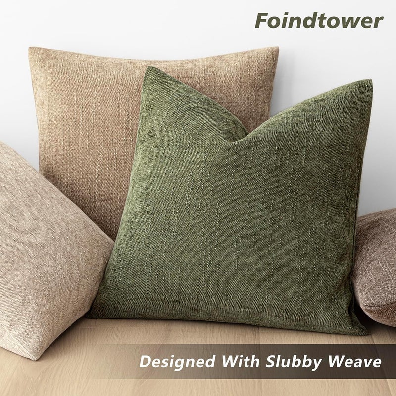 Foindtower Pack of 2 Soft Textured Chenille Throw Decorative Pillow Covers Square Accent Solid Cushion Cover Cozy Neutral Farmhouse Pillow Case for Couch Sofa Bedroom Living Room 22x22 Inch,Dark Green - Image 5