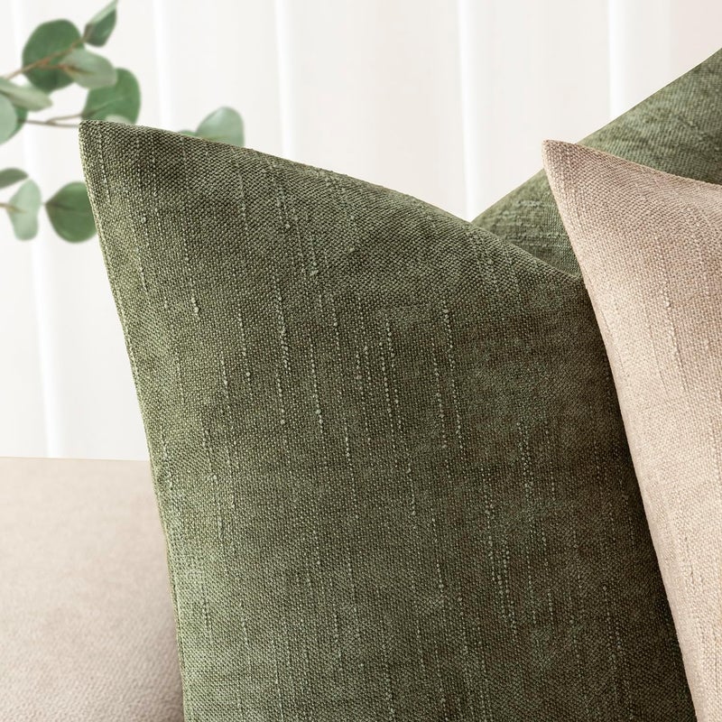 Foindtower Pack of 2 Soft Textured Chenille Throw Decorative Pillow Covers Square Accent Solid Cushion Cover Cozy Neutral Farmhouse Pillow Case for Couch Sofa Bedroom Living Room 22x22 Inch,Dark Green - Image 4