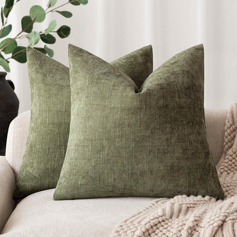 Foindtower Pack of 2 Soft Textured Chenille Throw Decorative Pillow Covers Square Accent Solid Cushion Cover Cozy Neutral Farmhouse Pillow Case for Couch Sofa Bedroom Living Room 22x22 Inch,Dark Green - Image 1