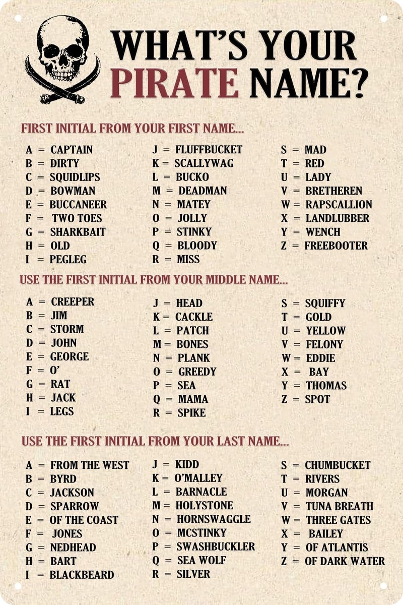CSWLJS Funny Bar Wall Decor What's Your Pirate Name Poster Retro Metal Tin Sign Game Room Man Cave Wall Art 12x8 in - Image 1