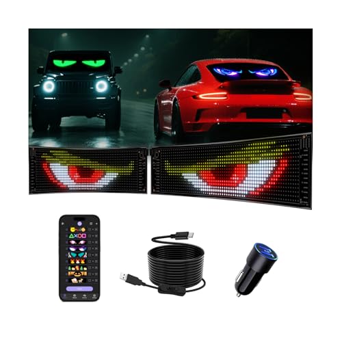 JDVOOTD Multifunctional Bright 2PCS Devil Eyes for Cars Windshield - 15x4in [Upgraded Chip 100% Synchronized] Programmable Flexible LED Matrix Display - Custom Text Car Window Sign for Golf Cart Auto - Image 1