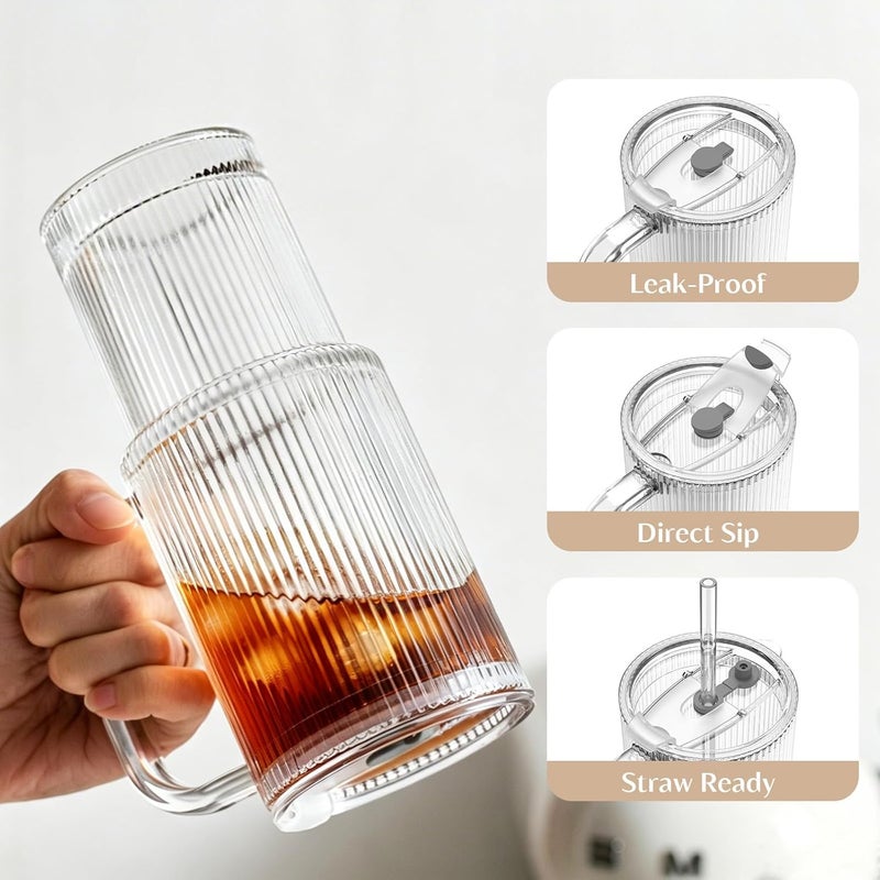INSETLAN 24oz Ribbed Glass Tumbler with Handle & Lid – 4-Pack Large Iced Coffee Cups with Straws, Modern Glass Mug for Cold & Hot Beverages, Aesthetic Travel Cup for Smoothies, Tea, and Juice - Image 4