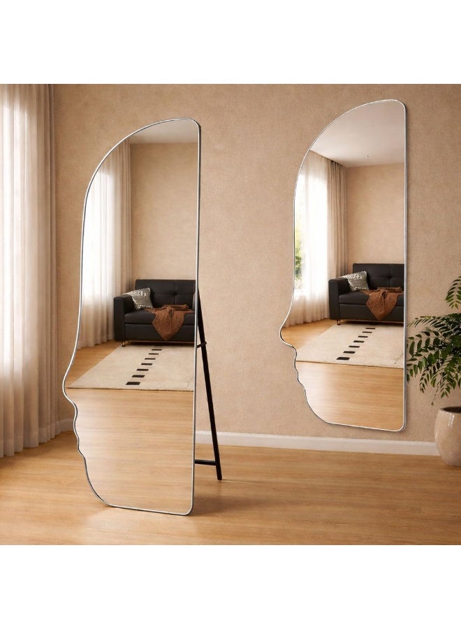 Decorhills Face Shaped Full Length Mirror 160x60cm, Floor Standing & Wall Mounted Mirror with Foldable Metal Stand, Hanging Clip, Modern Silver Frame for Bedroom & Living Room (Silver) - Image 2
