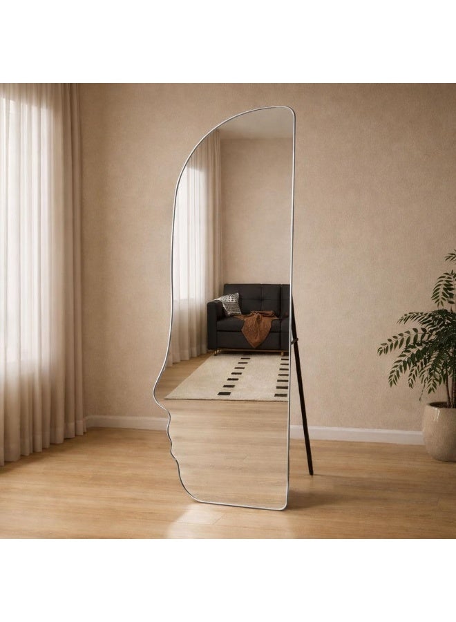 Decorhills Face Shaped Full Length Mirror 160x60cm, Floor Standing & Wall Mounted Mirror with Foldable Metal Stand, Hanging Clip, Modern Silver Frame for Bedroom & Living Room (Silver) - Image 3