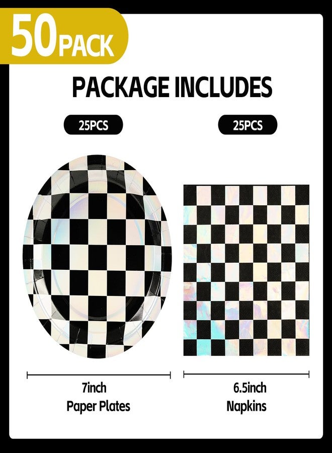 HFBOBP 50PCS Race Car Paper Plates and Napkins Birthday Party Decorations, 7inch Iridescent Black and White Checkered Dessert Plates Disposable Tableware Set for Birthday Race Car Party Supplies - Image 3