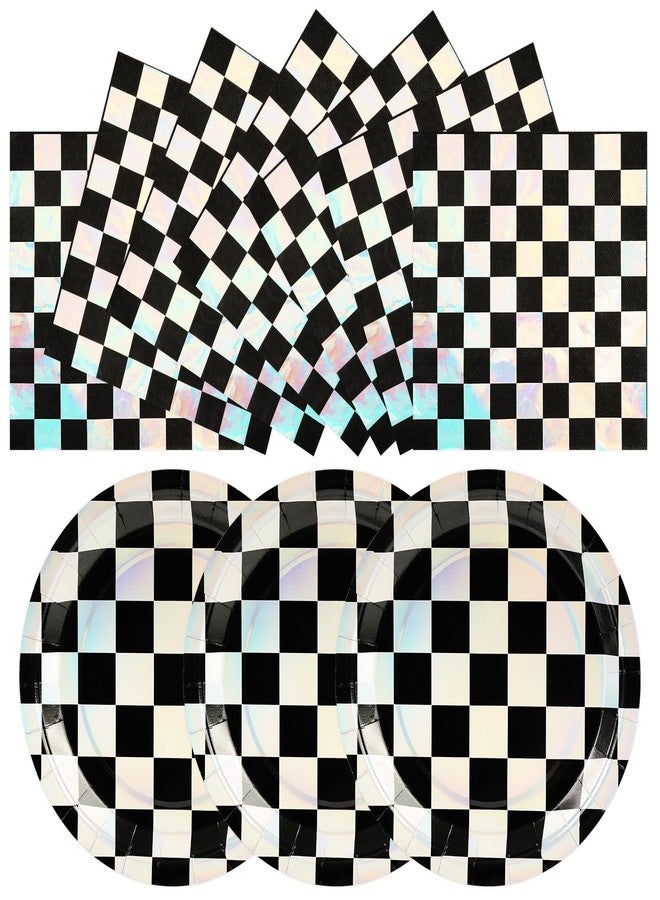 HFBOBP 50PCS Race Car Paper Plates and Napkins Birthday Party Decorations, 7inch Iridescent Black and White Checkered Dessert Plates Disposable Tableware Set for Birthday Race Car Party Supplies - Image 1