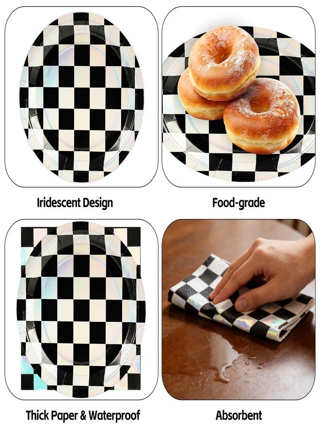 HFBOBP 50PCS Race Car Paper Plates and Napkins Birthday Party Decorations, 7inch Iridescent Black and White Checkered Dessert Plates Disposable Tableware Set for Birthday Race Car Party Supplies - Image 4