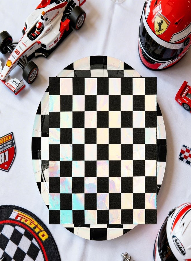 HFBOBP 50PCS Race Car Paper Plates and Napkins Birthday Party Decorations, 7inch Iridescent Black and White Checkered Dessert Plates Disposable Tableware Set for Birthday Race Car Party Supplies - Image 2