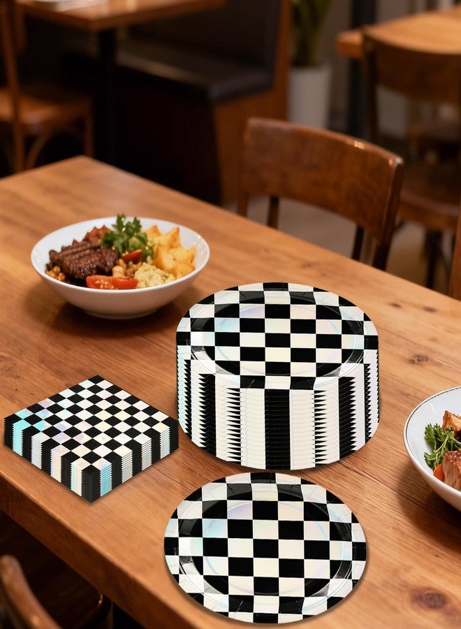 HFBOBP 50PCS Race Car Paper Plates and Napkins Birthday Party Decorations, 7inch Iridescent Black and White Checkered Dessert Plates Disposable Tableware Set for Birthday Race Car Party Supplies - Image 5