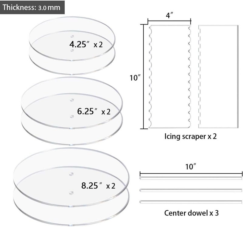 AAIGLOBAL Acrylic Cake Disc Set Clear 425625825 Inch Rounds 2 Icing Scrapers 3 Center Dowels - Image 2