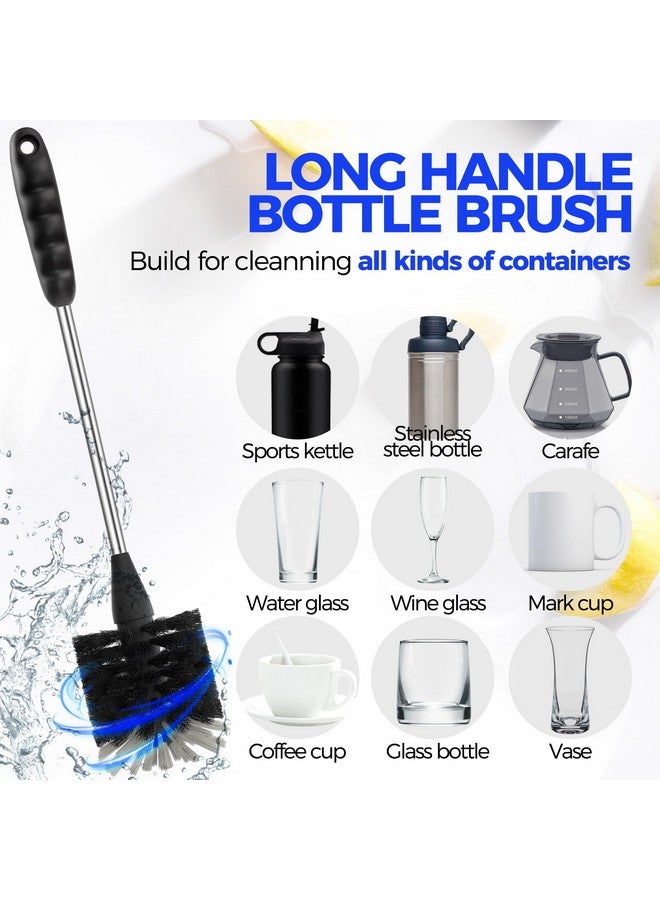 Holikme 5-Piece Bottle Brush Cleaner Set - 14" Stainless Steel Handle, 3 Straw Brushes, Cleans Water Bottles, Cups, Baby Bottles, Black & Grey - Image 1