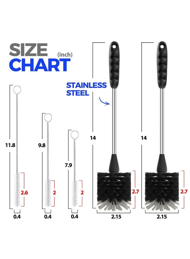 Holikme 5-Piece Bottle Brush Cleaner Set - 14" Stainless Steel Handle, 3 Straw Brushes, Cleans Water Bottles, Cups, Baby Bottles, Black & Grey - Image 4
