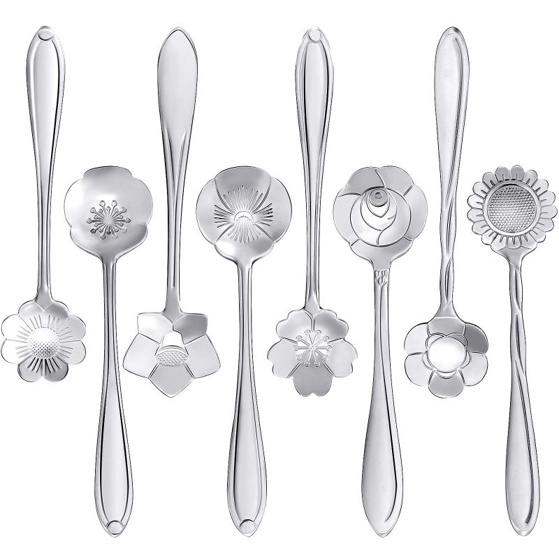 Maitys 16 Pieces Stainless Steel Flower Coffee Spoon Dessert Sugar Ice Cream Stirring Tea Spoon Set for Tableware Kitchen Cafe or BarSilvery