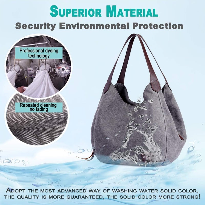 DOURR Store Women's Multi-pocket Shoulder Bag Fashion Cotton Canvas Handbag Tote Purse - Image 3
