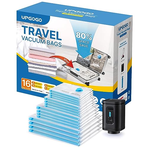 UPGOGO Combo 16 Pack Travel Vacuum Bags with Portable Electric Pump, Space Saver Vacuum Storage Bags for Clothing and Luggage, Travel Essentials - Image 1