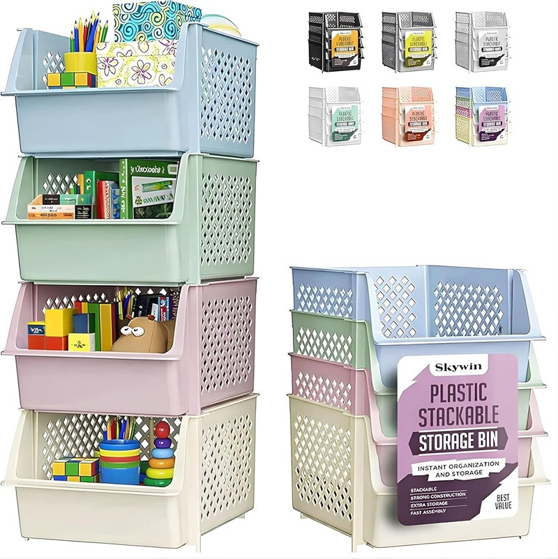 Skywin TidyFriend 4 Pack Stackable Storage Bins Open Front for Pantry Organizers and Storage, Pantry Storage for Food, Kitchen and Home Organization, Plastic Storage Bins, Dorm Room Essentials (Multi) - Image 1