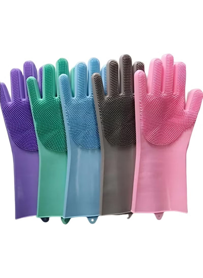 Silicone dishwashing gloves, one size, heat-resistant and reusable for washing dishes, washing the car, grooming pets, and other uses - 2 pieces per pack - assorted colors - color is random - Image 1