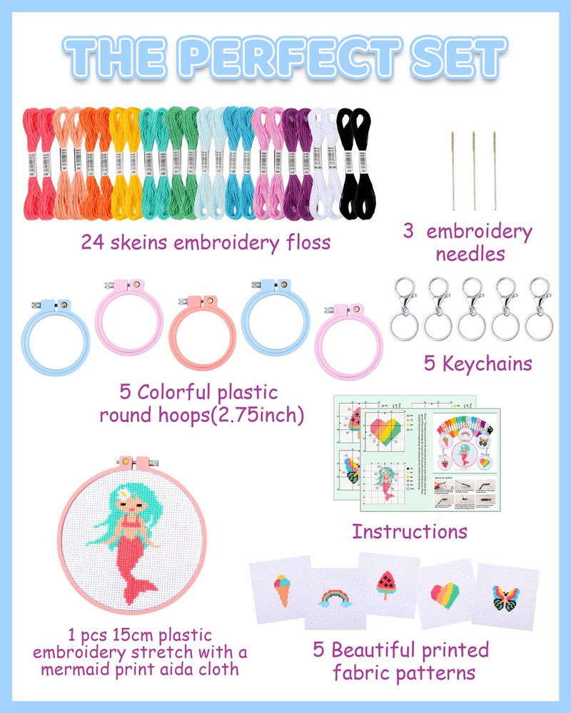 Pllieay 6 Pcs Cross Stitch Kits for Beginners for Kids 7-13, Kids Embroidery Kit Needlepoint Kit Arts and Crafts Kit with Instructions for Backpack Charms, Ornaments and Needle Craft - Image 2