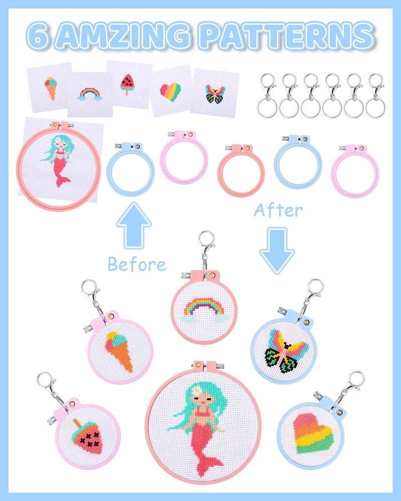 Pllieay 6 Pcs Cross Stitch Kits for Beginners for Kids 7-13, Kids Embroidery Kit Needlepoint Kit Arts and Crafts Kit with Instructions for Backpack Charms, Ornaments and Needle Craft - Image 4